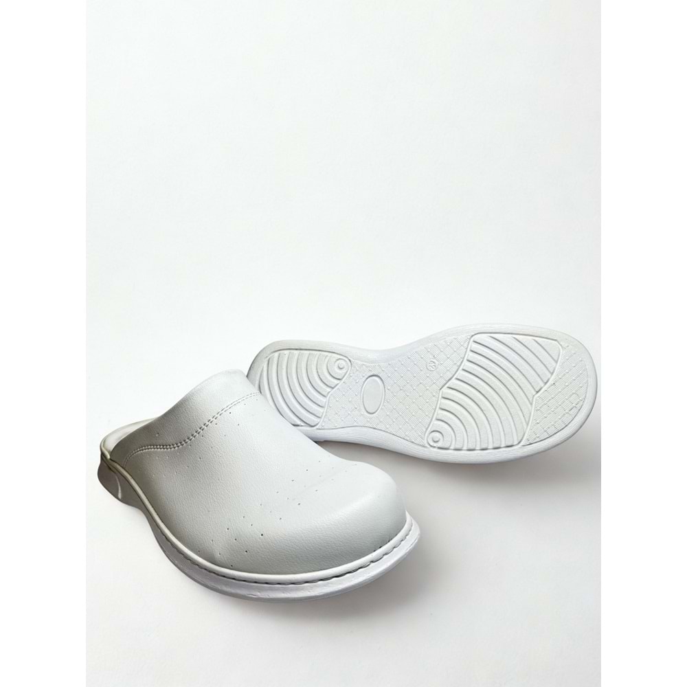 Beyaz Ortopedik Kaymaz Sabo Terlik - Hijyenik, Suni Deri, Poliüretan Hafif Taban