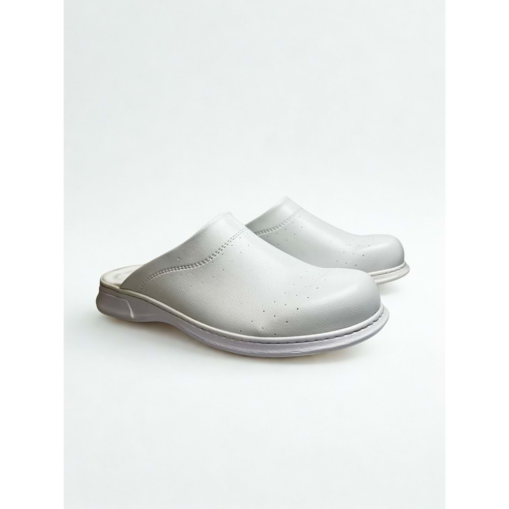 Beyaz Ortopedik Kaymaz Sabo Terlik - Hijyenik, Suni Deri, Poliüretan Hafif Taban