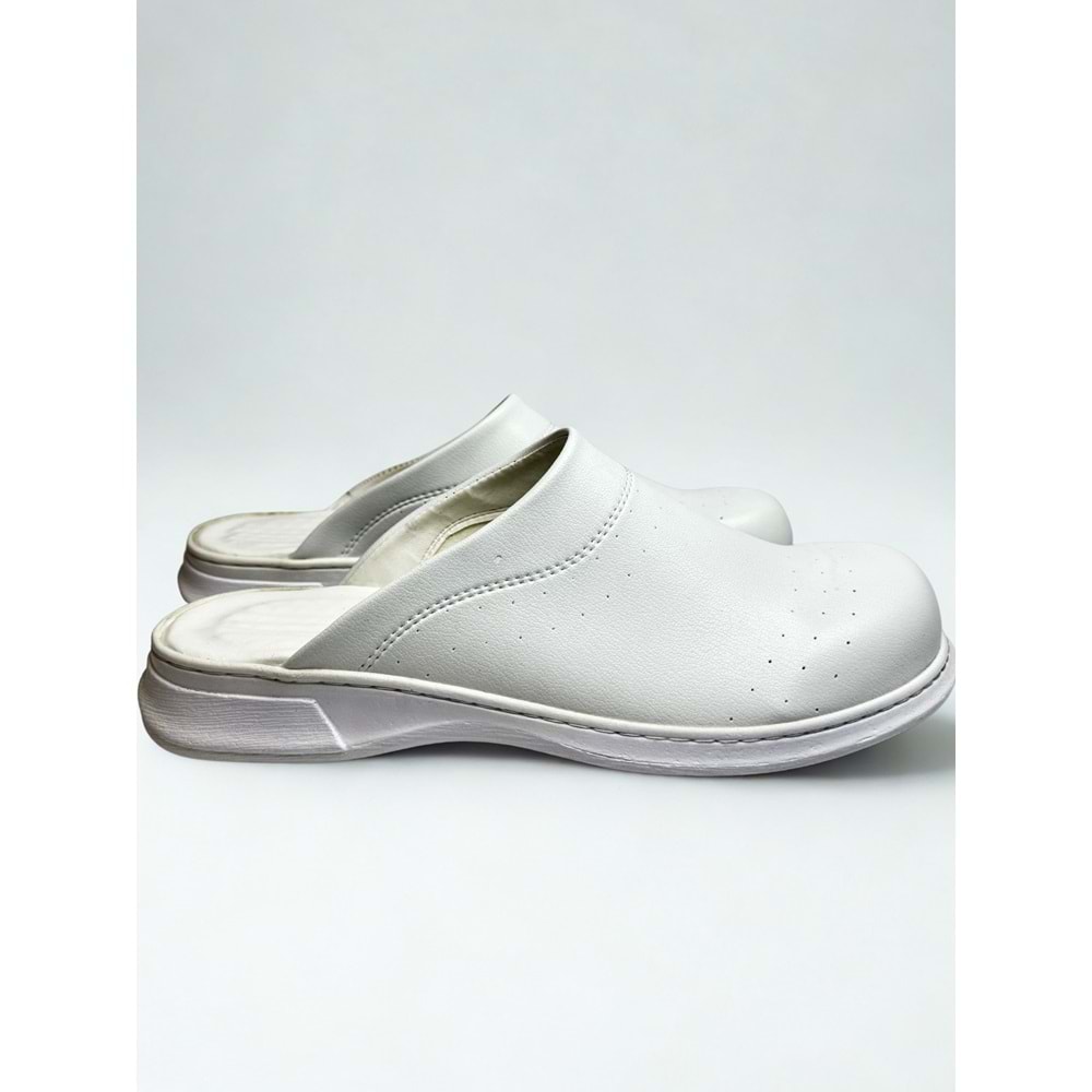 Beyaz Ortopedik Kaymaz Sabo Terlik - Hijyenik, Suni Deri, Poliüretan Hafif Taban