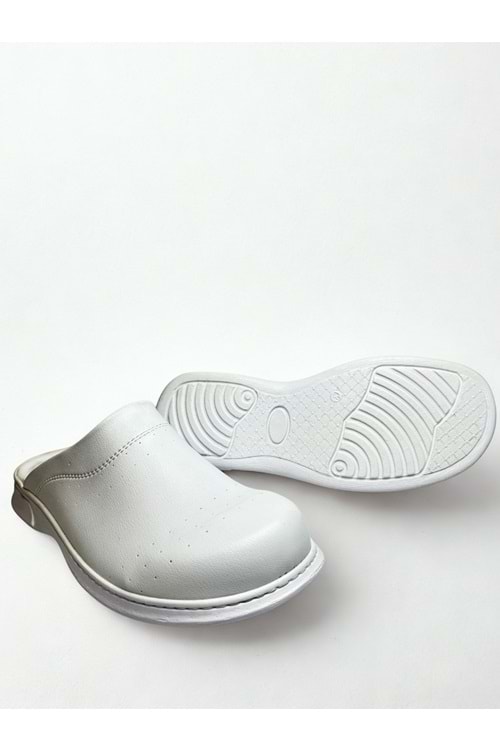 Beyaz Ortopedik Kaymaz Sabo Terlik - Hijyenik, Suni Deri, Poliüretan Hafif Taban